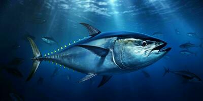 thon rouge thon poisson en dessous de le océan. génératif ai photo