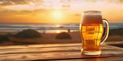 Frais Bière sur une en bois table avec plage voir. génératif ai photo