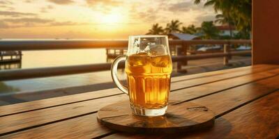 Frais Bière sur une en bois table avec plage voir. génératif ai photo