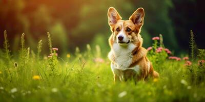 gallois corgi chien sur herbe Contexte. portrait de mignonne chien dans le parc. génératif ai photo