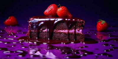 une pièce de Chocolat gâteau avec fondu Chocolat et des fraises sur violet Contexte. génératif ai photo