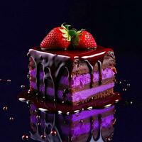 une pièce de Chocolat gâteau avec fondu Chocolat et des fraises sur violet Contexte. génératif ai photo