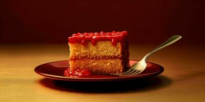 une délicieux tranche de rouge gâteau sur une d'or plaque. génératif ai photo