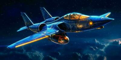 combattant jet en volant dans une bleu nuit ciel avec brillant étoiles. génératif ai photo