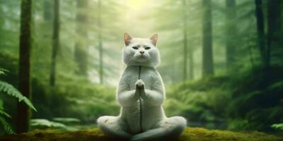 une chat médite dans le forêt. chat avec namaste pose. génératif ai photo