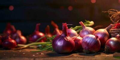 rouge Frais oignons sur en bois tableau. génératif ai photo