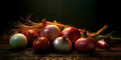 Frais et coloré oignons sur une en bois tableau. génératif ai photo