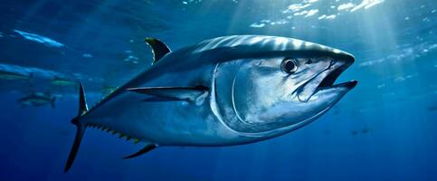 thon rouge thon poisson en dessous de le océan. génératif ai photo