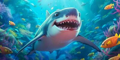 souriant requin illustration sous-marin dans dessin animé style. poisson portrait. génératif ai photo