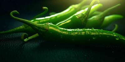 Frais vert Cayenne poivre avec l'eau gouttelettes. génératif ai photo