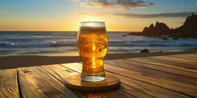 Frais Bière sur une en bois table avec plage voir. génératif ai photo