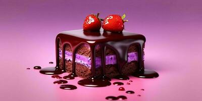 une pièce de Chocolat gâteau avec fondu Chocolat et des fraises sur violet Contexte. génératif ai photo