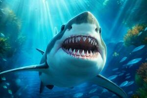 souriant requin illustration sous-marin dans dessin animé style. poisson portrait. génératif ai photo