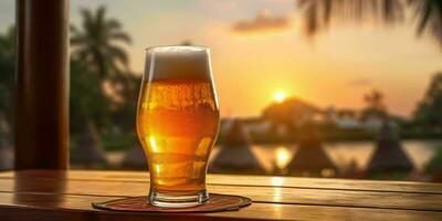 Frais Bière sur une en bois table avec plage voir. génératif ai photo