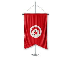 Tunisie en haut fanions 3d drapeaux sur pôle supporter soutien piédestal réaliste ensemble et blanc Contexte. - image photo