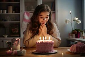 prier fille. mignonne aux cheveux noirs fille sentiment triste tandis que à la recherche à sa anniversaire gâteau, fille fabrication cœur geste et soufflant bougie sur gâteau à maison, ai généré photo