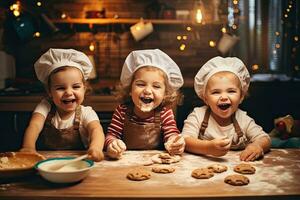 content les enfants sont en train de préparer biscuits dans le cuisine. le concept de une famille vacances, content famille marrant des gamins cuire biscuits dans cuisine, ai généré photo