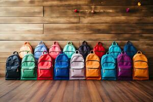 groupe de coloré sac à dos sur en bois Contexte. retour à école concept, coloré les enfants sacs d'école sur en bois sol. sacs à dos avec école accessoires, ai généré photo
