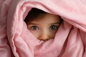 portrait de une mignonne peu fille cache en dessous de une rose couverture, mignonne bébé fille cache en dessous de une rose couverture. à la recherche à caméra, ai généré photo