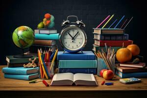 retour à école concept avec alarme horloge, livres et Pomme sur en bois tableau, composite image de école Provisions sur bureau, ai généré photo