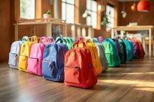 coloré école sacs à dos dans une rangée sur en bois sol dans Salle de classe, coloré les enfants sacs d'école sur en bois sol. sacs à dos avec école accessoires, ai généré photo
