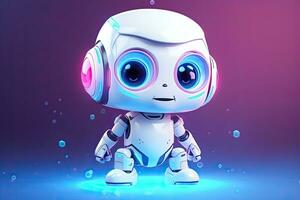 mignonne dessin animé robot dans néon lumière. 3d illustration de une peu robot, mignonne blanc système artificiel intelligence bavarder bot ai, ai généré photo