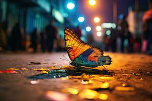 papillon sur le rue à nuit dans Bangkok, Thaïlande, coloré papillon sur le côté marcher de une occupé rue, beaucoup de personnes, nuit, macro la photographie, ai généré photo