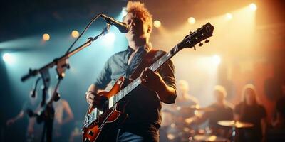 la musique bande groupe effectuer sur une concert scène.guitariste sur étape pour Contexte. génératif ai photo