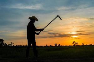agriculteur tenant une houe dans un champ au coucher du soleil photo