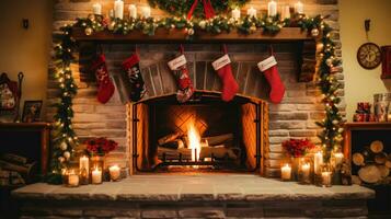 une cheminée décoré pour Noël une photo de une confortable et de fête Accueil ai généré