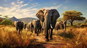 paisible l'éléphant famille erre librement dans le vaste savane paysage ai généré photo