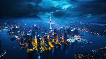 cyber ville une nuit ville Contexte de pudong avec néon lumières et grattes ciels ai généré photo