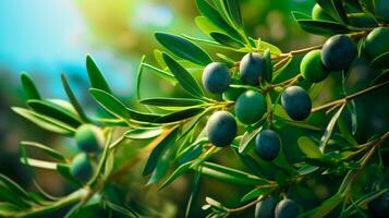 une Frais et en bonne santé image de un olive arbre avec mûr Olives ai généré photo