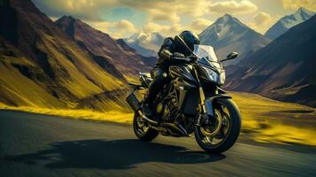 une moto zoome en haut une courbée route avec une Montagne vue et une brouiller de la vitesse ai généré photo