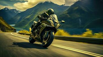 exaltant balade de moto sur enroulement route la vitesse et aventure concept ai généré photo
