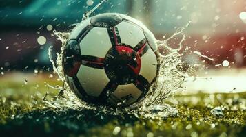 frappant image de une football Balle éclabousser dans une flaque sur une pluvieux rencontre ai généré photo