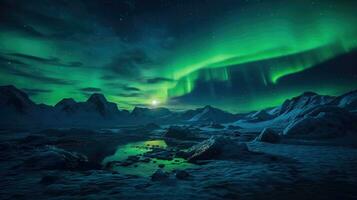 une rêveur scène le aurore borealis dans vert et bleu plus de une Montagne intervalle ai généré photo
