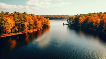 l'automne Lac une étourdissant panorama de une forêt Lac dans tomber couleurs ai généré photo