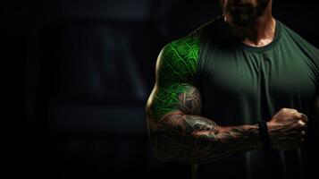 une frappant tatouage avec une des sports thème sur une musclé biceps ai généré photo