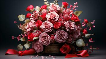 une bouquet de l'amour rose et rouge des roses avec or feuilles et ruban ai généré photo