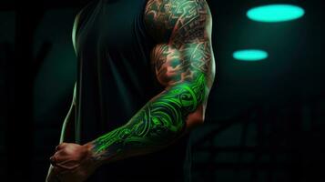 sportifs fierté avec une vibrant lumière vert et noir tatouage ai généré photo