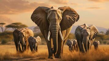 savane scène de l'éléphant troupeau errant dans verdure vivant dans harmonie et coexistant avec la nature ai généré photo