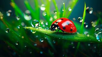 rouge coccinelle en marchant sur une Frais vert feuille avec l'eau gouttes ai généré photo