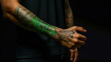 musical inspiration expressif encre et Créatif flair sur une tatoué bras ai généré photo