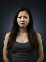 asiatique femme apparaît à être dans douleur sur gris Contexte ai génératif photo