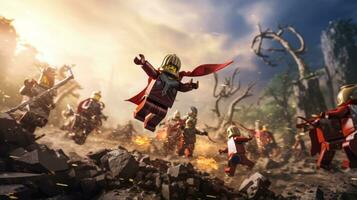 lego guerriers se battre dans une féroce épique duel ai génératif photo