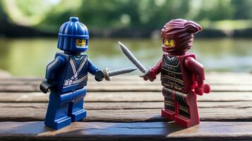 lego guerriers se battre dans une féroce épique duel ai génératif photo