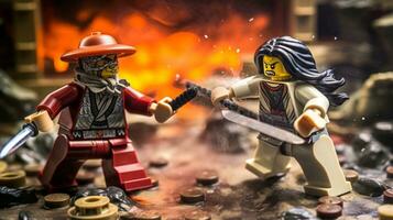 lego guerriers se battre dans une féroce épique duel ai génératif photo
