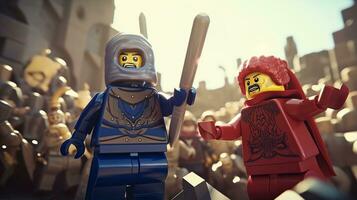 lego guerriers se battre dans une féroce épique duel ai génératif photo