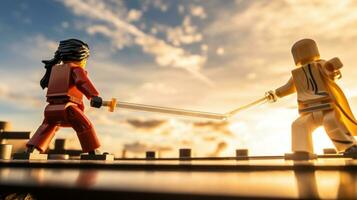 lego guerriers se battre dans une féroce épique duel ai génératif photo